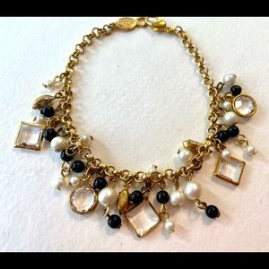 Vintage Napier Gold Chain Bracelet Dangling "Pearls", Black Beads Crystals